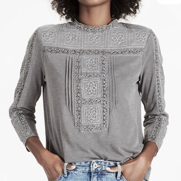 Lucky Brand Embroidered Mock Neck Lace Cutout Top Sz XL Gray Boho Retro Neutral - Picture 1 of 11